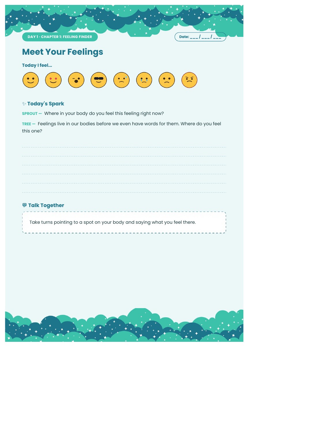 Voidoy Day 1 page: Meet Your Feelings, with a feelings check-in row
